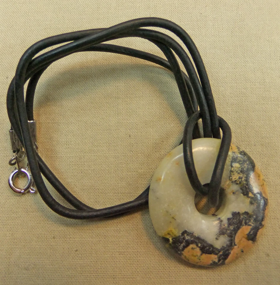 Collar de cordón de cuero negro, amarillo, crema ágata 1 3/16" donut piedra 19" nuevo #44 Foto 3 de 4