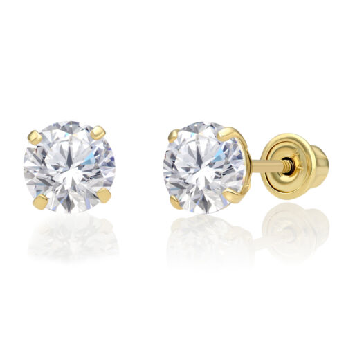 10K Real Solid Gold Solitaire Round CZ Sleeper Studs Earrings Screw-back 2mm-8mm - Picture 1 of 14