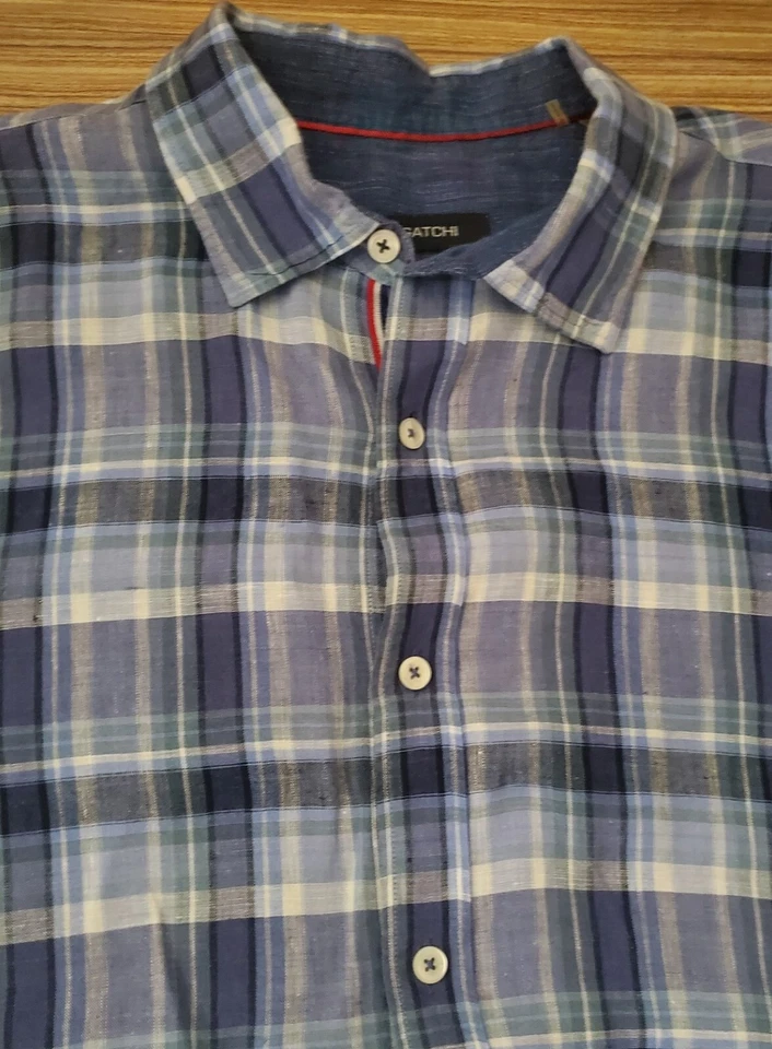 BUGATCHI UOMO Linen B/F Shirt Blue Plaid Stripes Men's XL XLG Club Lounge Beach - Image 3 of 3