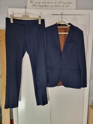 River Island Piece Suit Navy Brown Lining Jacket 42 L Trousers 34 Smart  Formal UK