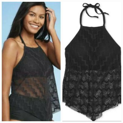 NWT Kona Sol Women's Crochet High Neck Shoreline Chevron Tankini Top, Black, S