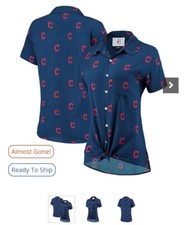 Cleveland Indians Women's All Over Logos Button-Up Shirt - Navy NWT