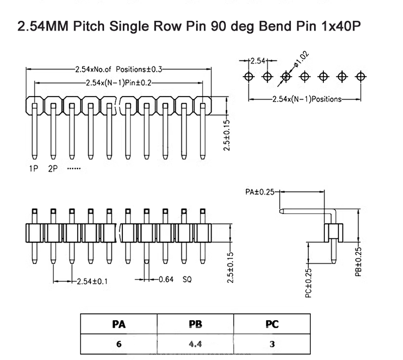 2.54MM Pitch Single Row Pin 90 deg Bend Pin 1x2/3/4/5/6/7/10/20