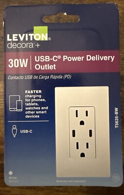 LEVITON T5635-BW 6A DECORA TYPE C USB FAST CHARGER IN-WALL OUTLET WHITE