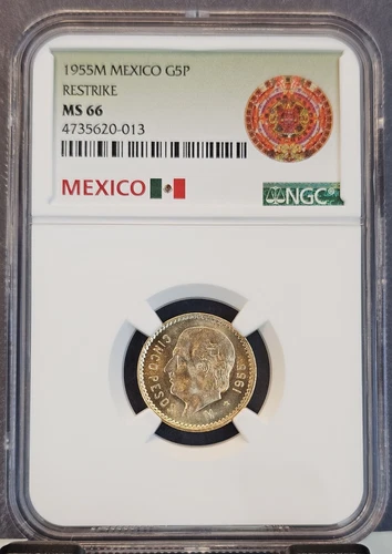 1955 MEXICO GOLD 5 PESOS G5P HIDALGO NGC MS 66 BRIGHT BEAUTIFUL GEM BU