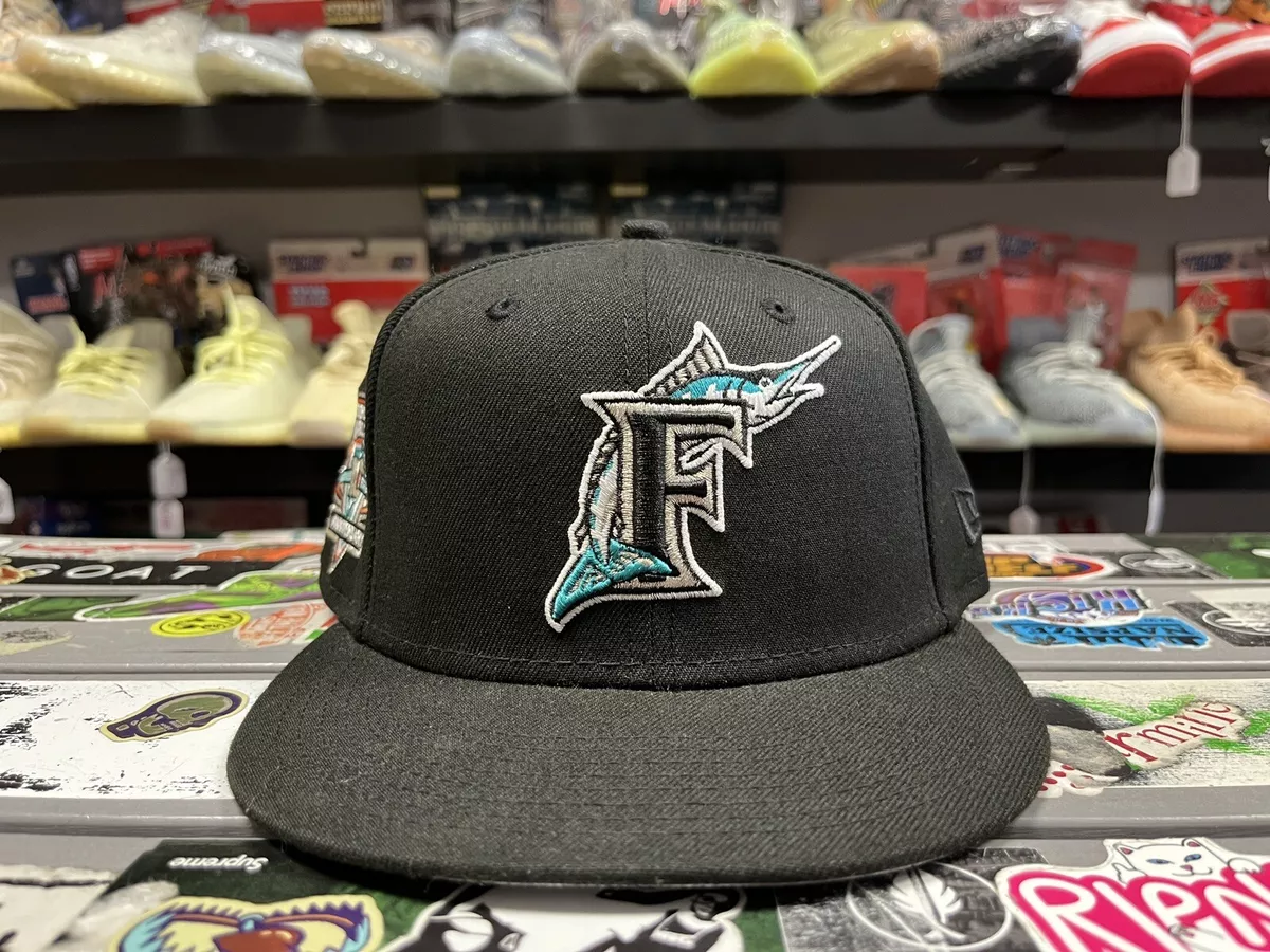 New Era Florida Marlins Black Fitted Hat Size 7 3/8 Used Rare