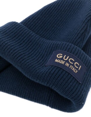 Gucci Knit Wool Hat Beanie With Patch Navy Blue Size M 58 (22cm