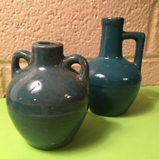 2 small Green Vases - Vintage mid-century ceramic collectible 3-4” tall No Marks