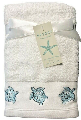 Sea Turtle Hand Towel Set of 2 Beach Summer House Embroidered Resort Collection