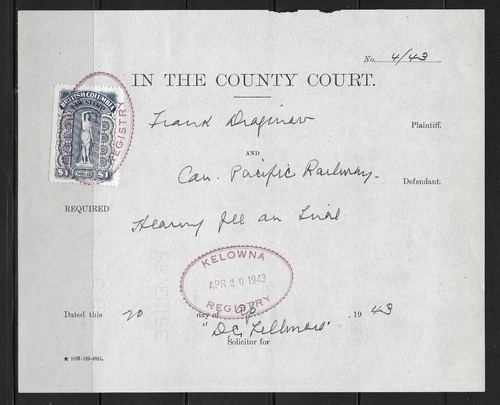 Canada BC Revenue Document - 1943 #BCL40 $1 Law Stamp