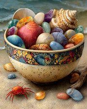 Acogedor libro de cuentos 8x10 cuenco de conchas y mares sentado en arena impresión artística - 180250134