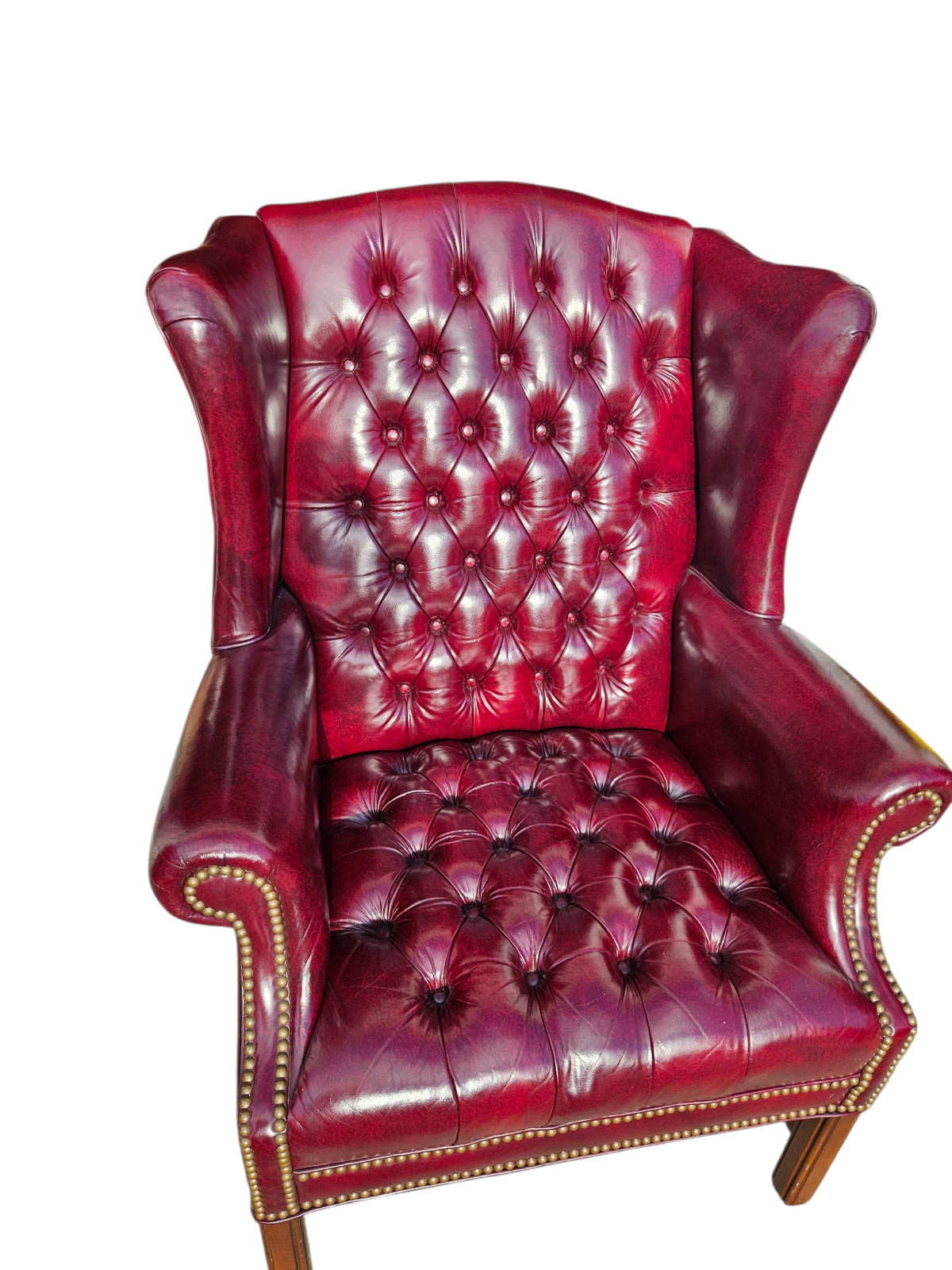 Ethan Allen Georgian Court Leather Wing Chair Vintage Chesterfield Oxblood