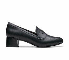 NWOB Clarks Iridessa Sky Block Heel Loafers Genuine Leather Black - Size 6.5