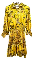 Alexis Dress Womens Small Yellow Floral Button Front Smocked Waist Ruffle Hem