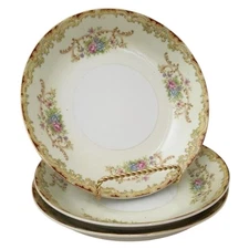 Vintage Renwick RNW4 (Japan) 3 Soup Bowls Red & Tan Floral, Scrolls, Gold Trim