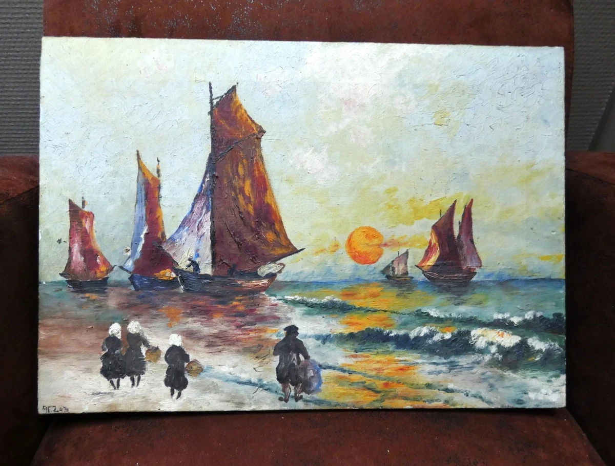 Tableau huile sur toile vue sur port retour de