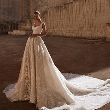Sparkling V-neck Wedding Dresses A-line Lace Customized Palace Train Princess