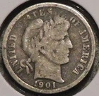Silver Dime - Barber - 1901 (Dark/Tarnished.) [608]