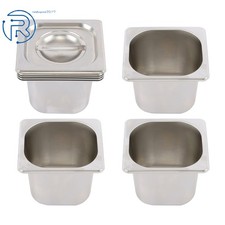 4 Pieces Silver Stainless Steel Steam Hotel Pans With Lids 1/6 6" Deep Non-Stick
