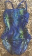 NWT Nike Women  s One Piece Blue Green Stripes Bathing Suit-sz M READ TINY DEFECT