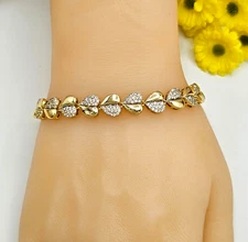 14K Gold Plated Hearts Clear Crystals Bracelet. Gift. Oro Laminado