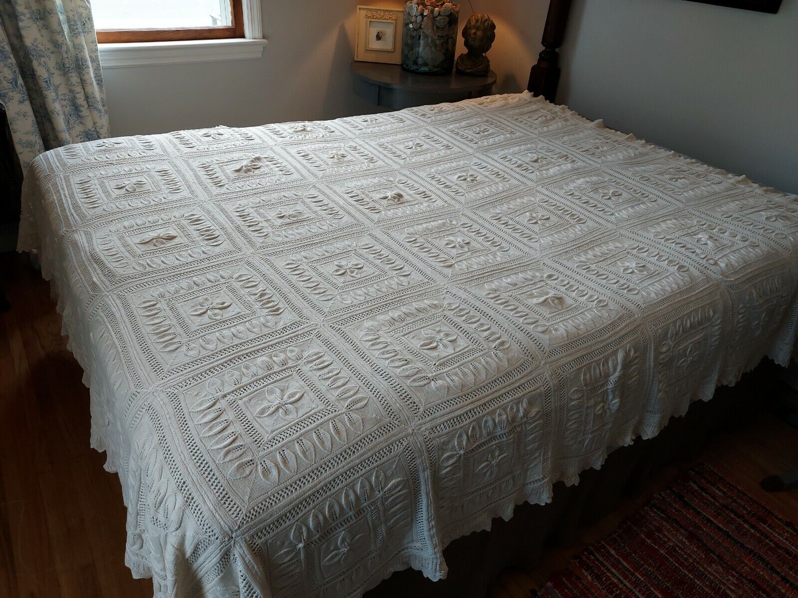 Antique Vtg w/ Provenance Hand Knit Knitted Bedspread Coverlet Queen pre-1900