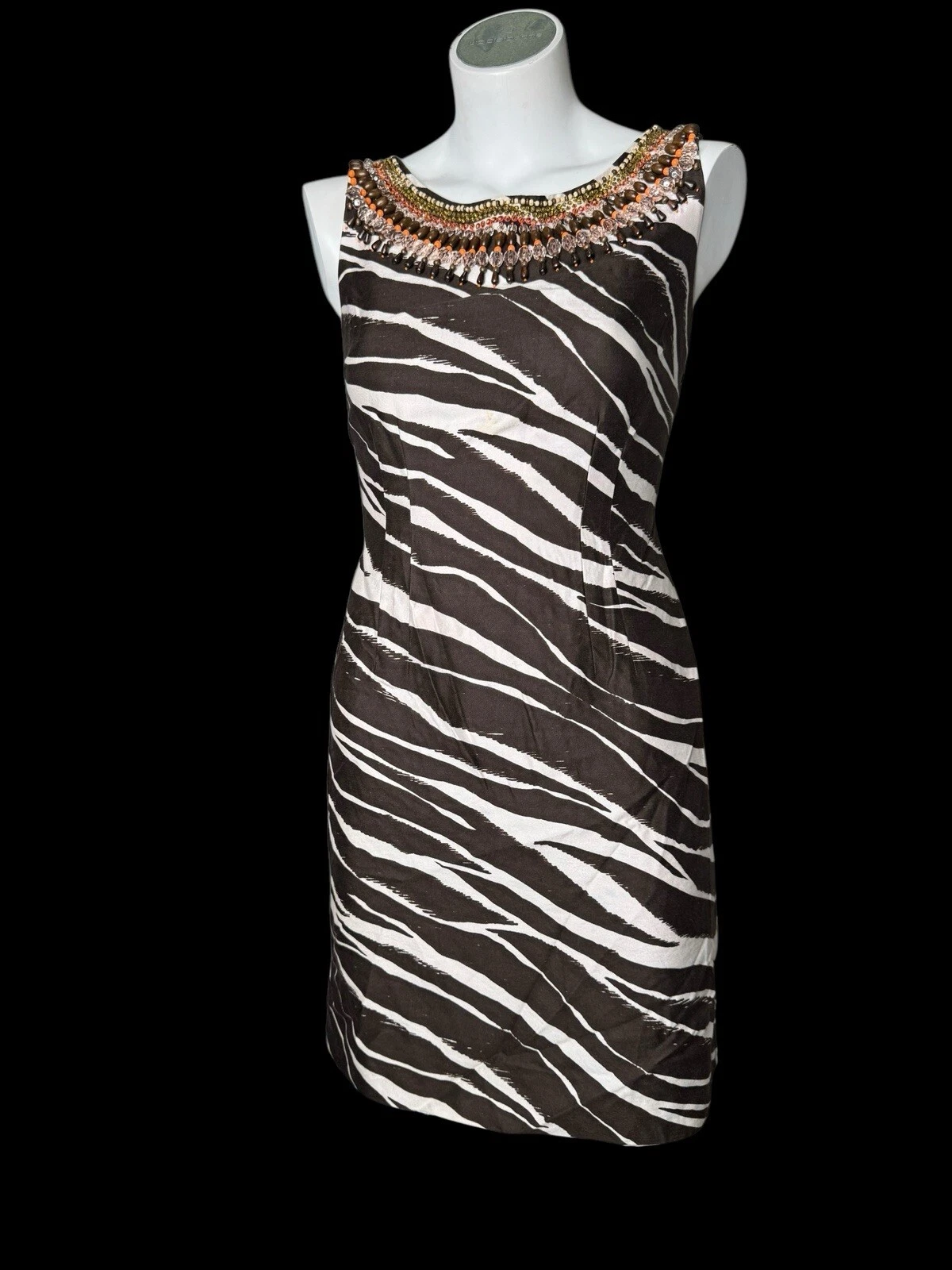 Mini abito Kate Spade marrone zebrato righe stampato perline seta cambio cotone 0 XS