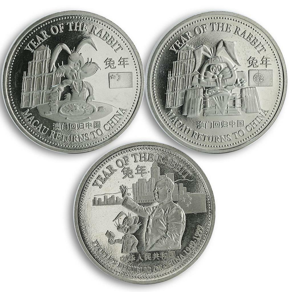 Trade dollar, set of 3 coins, Year of Rabbit, Macau, Copper-Nickel