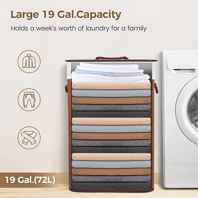 Folding Laundry Hamper with Lid Dirty Clothes Basket w/Removable Liner 72L Brown - Image 2 of 4