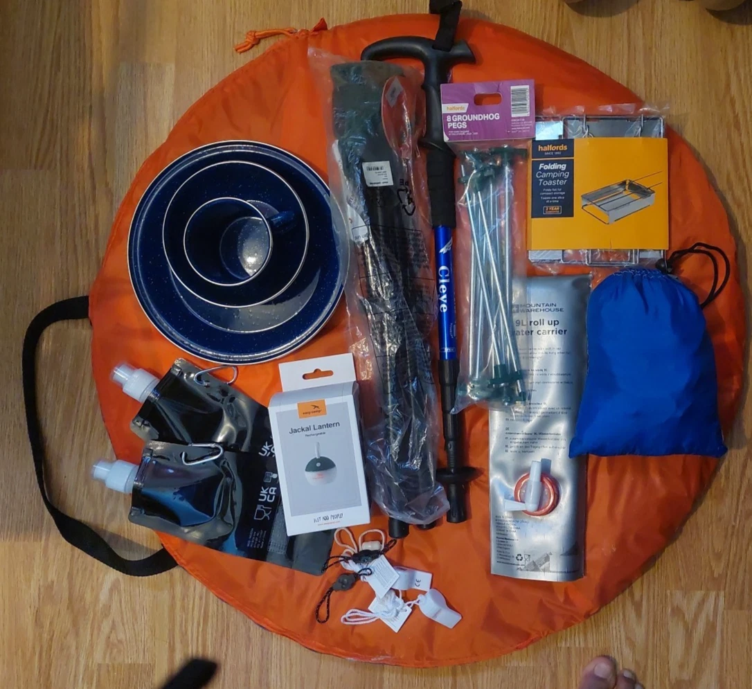 MASSIVE NEW 17 item camping hiking BUNDLE with tent, chair, enamel plates + MORE