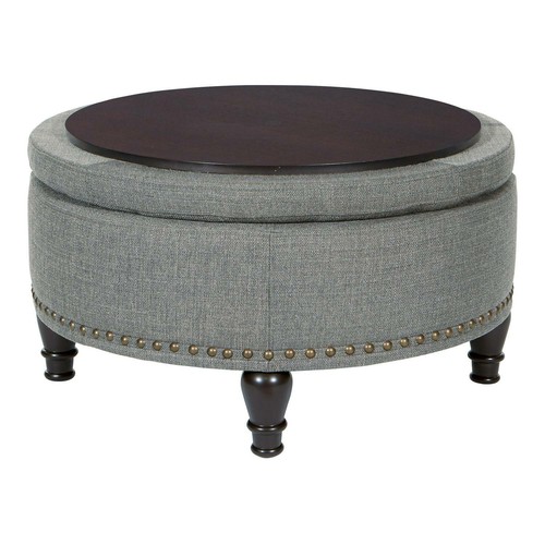 Large Round Storage Ottoman w/ Flip Top Surface Nailhead Trim Footrest Home NEW - 第 12/28 張圖片