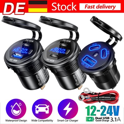 High Power Dual USB C Steckdose 12V/24V PD USB Einbau Buchse KFZ Ladegeräte DE