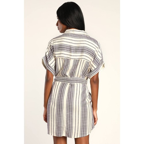 Lulu's Women's Beach Weekend Cream & Purple Striped Button-up Shirt Dress - Med - Picture 3 of 11