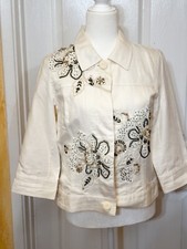 Coldwater Creek floral beaded long sleeve linen blend cream jacket size 6 NWT