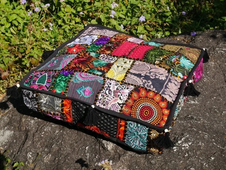 22x22x5" Indian Patchwork Black Floor Cotton Cushion Cover Pets Bed Hippie Throw