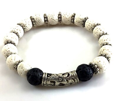 White and black lava stone round beaded bracelet healing power gift