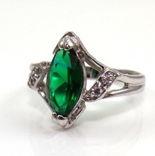 Sterling Silver Marquise Cut Green Clear Stone Elliptical Ring Size 7 FZ
