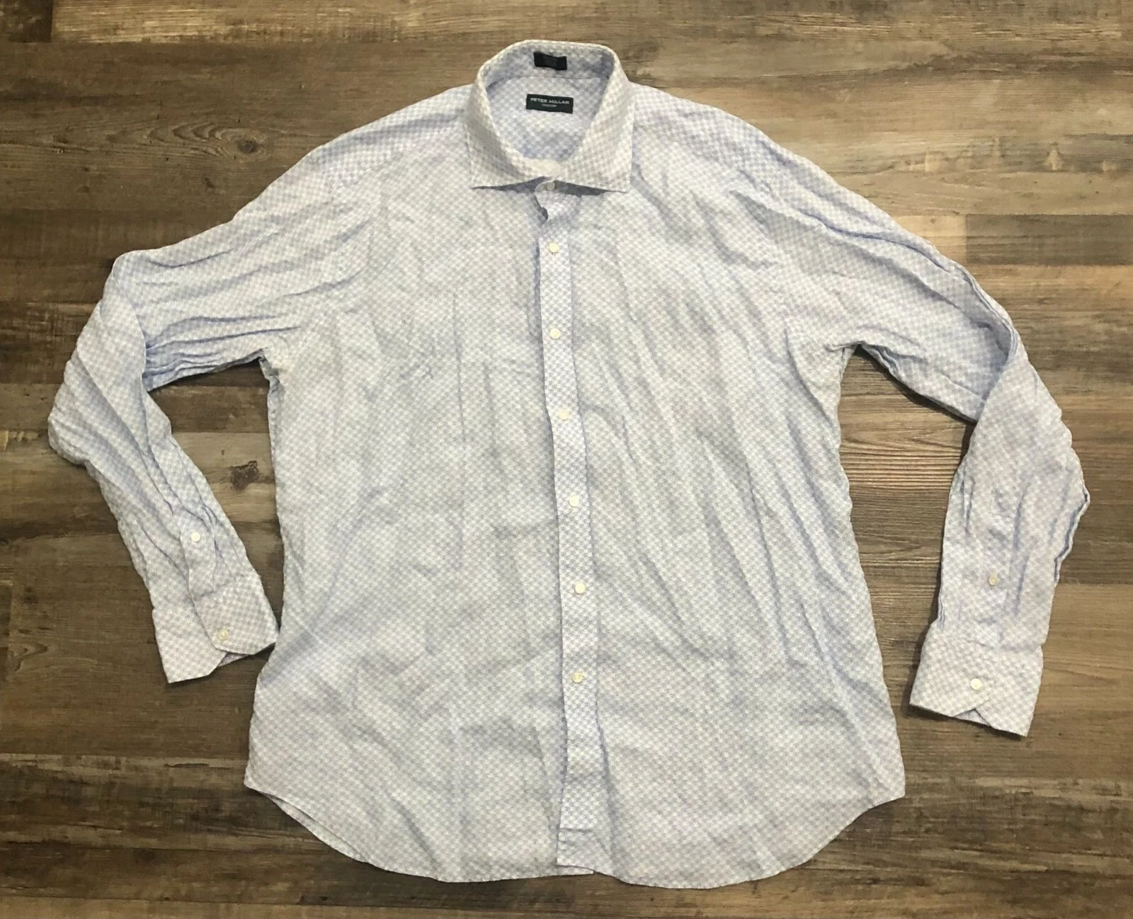Peter Millar Mens Large Blue & White AOP Linen Button Down Shirt