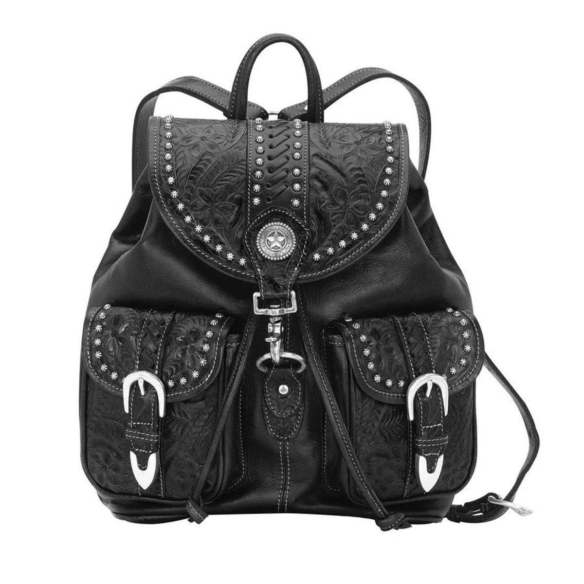 American West Retro Romance Black Tooled Leather Drawstring