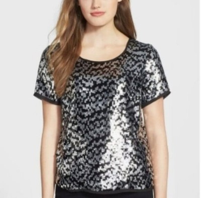 Anthropologie Pleione Sequin Top Women's 1X Black Silver SS Back Zip Glamour NWT