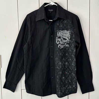 VTG Y2K Eighty Eight Platinum Men's Skull Print Button-Up Shirt Sz S Black