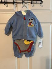 Mickey Mouse Baby Hoodie Bodysuit 3pc Set Blue Red Accents 3months New W/Tags