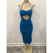 Fashion Nova Dress Blue Ruched Halter Cutout Maxi Small Womens Summer Resortwear