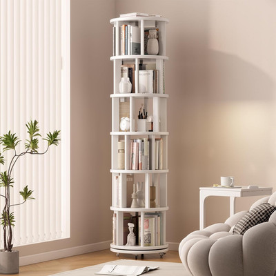 Narrow 6-Tier Solid Wood Rotating Bookshelf on Wheels for Small Spaces