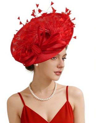 Elegant Red Floral Feathered Women’s Headpiece Large Red Rose Flower Feather Fascinator Hat Disc Saucer  main image 2