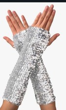 WORN ONCE - PAIR OF SILVER SEQUIN ELASTICATED ARM SLEEVES - DANCE COSTUMES SHOWS