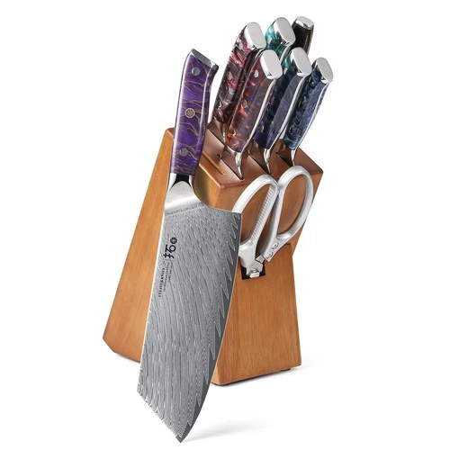 9Pcs TURWHO Kitchen Knife Block Set Japan VG10 Damascus Steel Knife Resin Handle