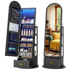 Gurexl 360° Swivel Mirror Jewelry Cabinet Standing, Lockable Jewelry Armoires
