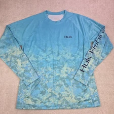 Huk Mens Performance Fishing Shirt Size L Blue Camo Marlin