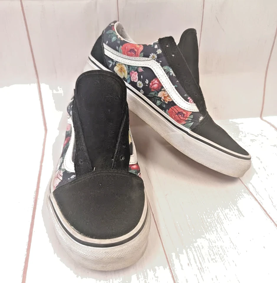 VANS Old Skool Unisex Sneaker Women Size 7 Black Floral Low Top Suede Canvas - Image 2 of 4